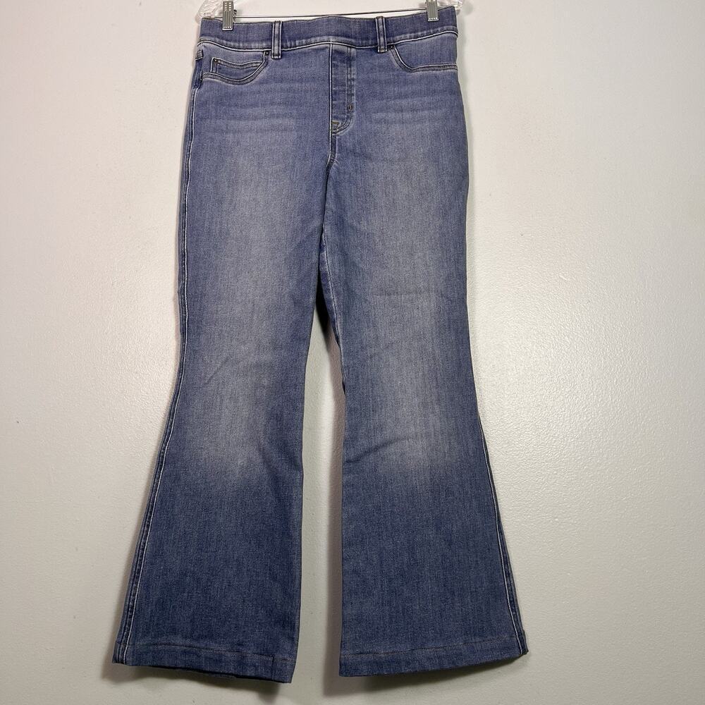 Spanx Women's High Rise Flare Jeans Pull On Sz L Stretch Med Wash Blue Boho